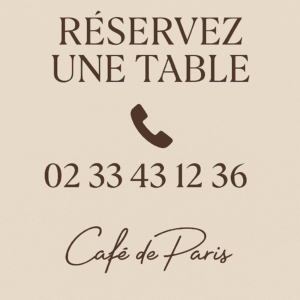 Réservez une table au Café de Paris à Cherbourg en appelant le 02 33 43 12 36 – visuel sobre avec icône de téléphone et typographie élégante.